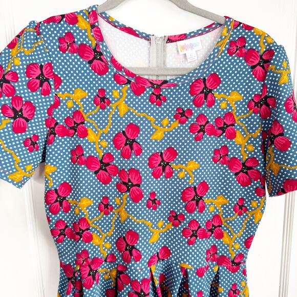 LuLaRoe Colorful Floral Amelia Dress Blue Pink Orange White A-Line Pockets Large - Picture 6 of 14